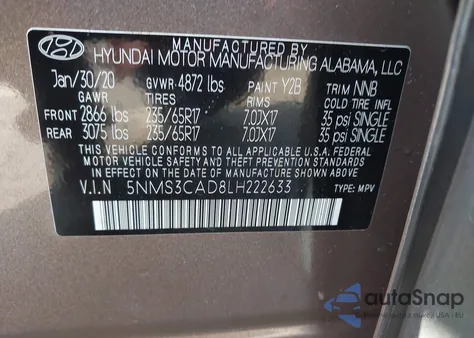 2020 Hyundai Santa Fe Sel from USA, damaged, VIN 5NMS3CAD8LH222633